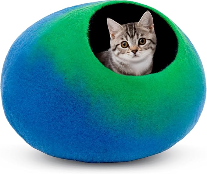 Woolygon Premium Felt Cat Cave Bed – Wool Kitty Beds Handcrafted Kitten Caves Bed for Indoor Cats - Made from 100% Eco-Friendly Merino Wool, Foldable Cat Hidewawy Covered Cat Houses (Emerald Indigo)
