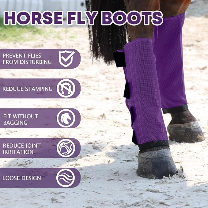 Premium 4-Pack Horse Fly Boots & Leggings Loose-Fit Fine Mesh with Stay-On Fasteners, Support Strips & Anti-Stomp Design Breathable Non-Slip Protection Leg Wrap (Large) Lavender Purple