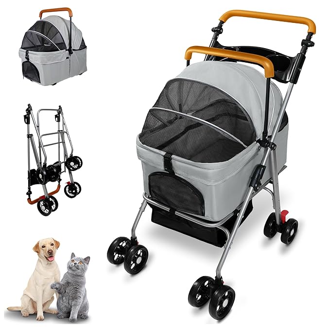 Pet Stroller with Storage Basket and Cup Holder, Folding Dog Jogger, Foldable Cat Stroller, 3 in 1 Puppy Kitten Cart, Pet Jogger for Medium Dog Cat (Gray)