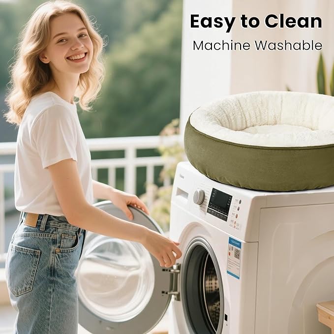 Love's cabin Round Donut Cat and Dog Cushion Bed, 30in Pet Bed for Medium or Large Dogs, Anti-Slip & Water-Resistant Bottom, Soft Durable Fabric Pet beds, Washable Calming Cat & Dog Bed Olive Green