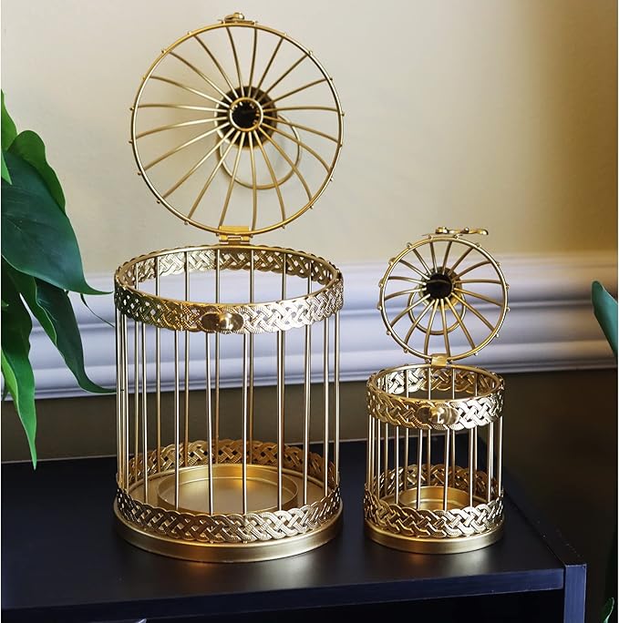 VELA LANTERNS Birdcage Decor Candle Holder Lantern Decorative Wedding Table Centerpiece Decorations, 10" and 6" Tall, Gold, Set of 2