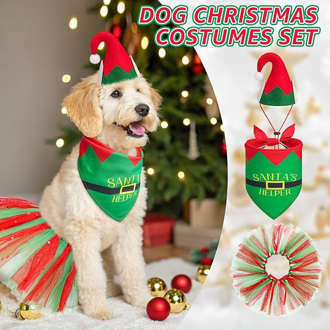 SCENEREAL Christmas Dog Bandana Dress with Hat Set, Pet Santa Costume for Small Medium Sized Dogs, Cute Tutu Skirt Outfit for Party Halloween