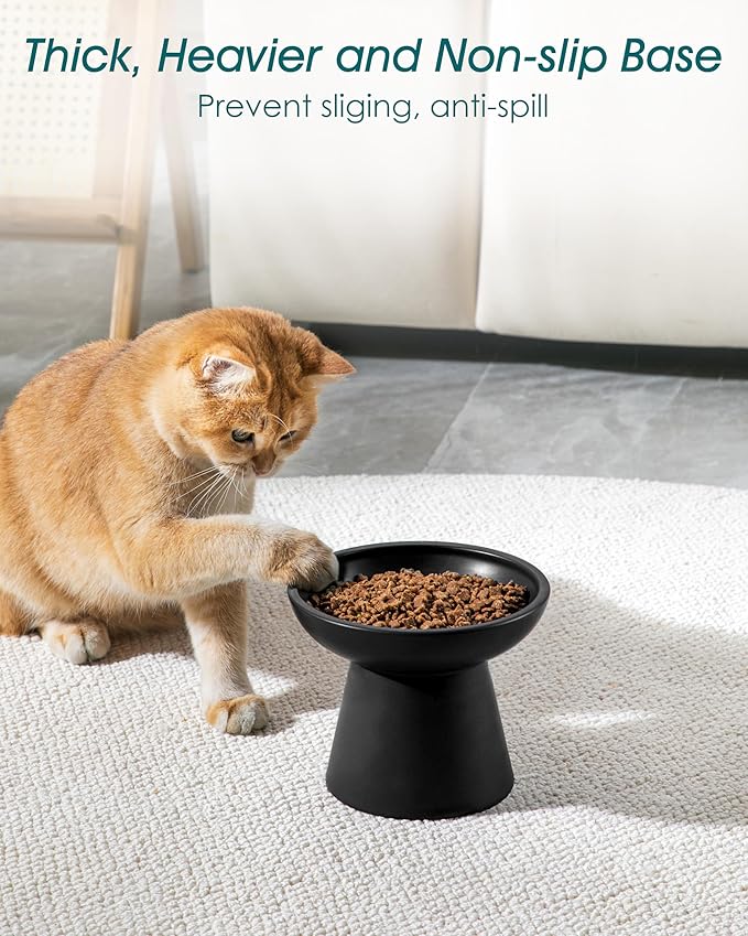 vancasso Ceramic Elevated Cat Bowls 2-Pack - 6.2" Extra Wide Raised Cat Food & Water Dishes, 5.1" Optimal Height Anti-Whisker Fatigue Shallow Bowls for Cats/Kittens/Dogs, Lead & Cadmium Free (Black)