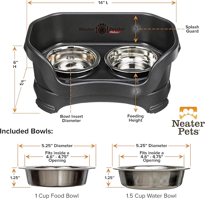 Neater Feeder Deluxe Mess Proof Cat Bowls Elevated for All Breeds – Made in USA – No Spill Raised Bowls for Indoor Cats – Stainless Steel Food and Water Bowl Set, Pet Dish Feeding Station, Black