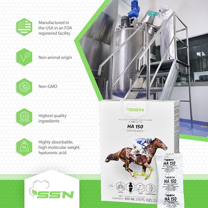 SSN HA 150 - 4 In 1 Horse Supplement - 30 Servings - Equine Joint, Gastric, Ligament/Tendon, Lung Capillary Health - Glucosamine Alternative - (30 Pack, 150mg Sodium Hyaluronate per Serving)