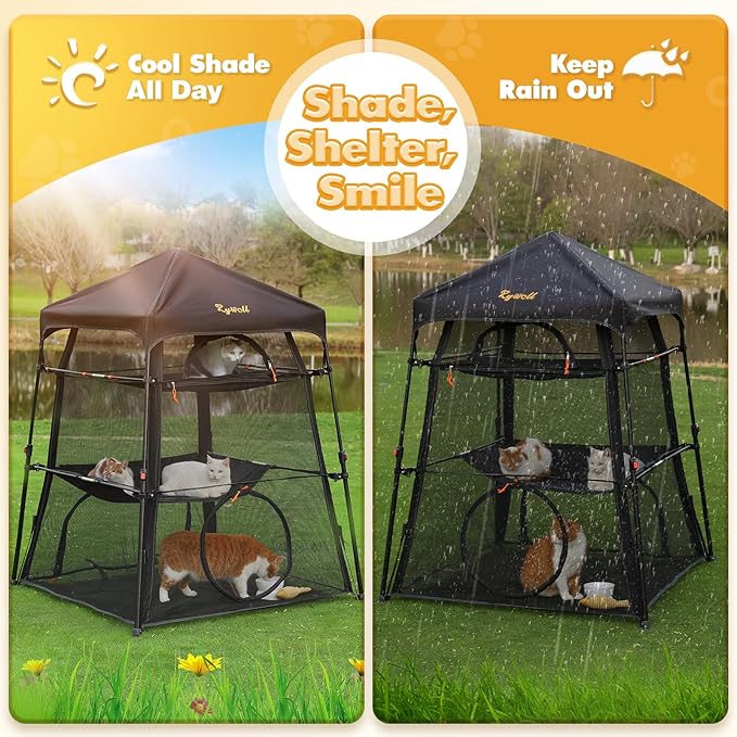 Extra Large Catio Outdoor Cat Enclosure, Rywell 3-Tier Spacious Outdoor Cat Tent, Weatherproof&Sunproof with 5 Windows, Foldable Cat Enclosure for Patio, Camping, Indoor(Includes Carry Bag)