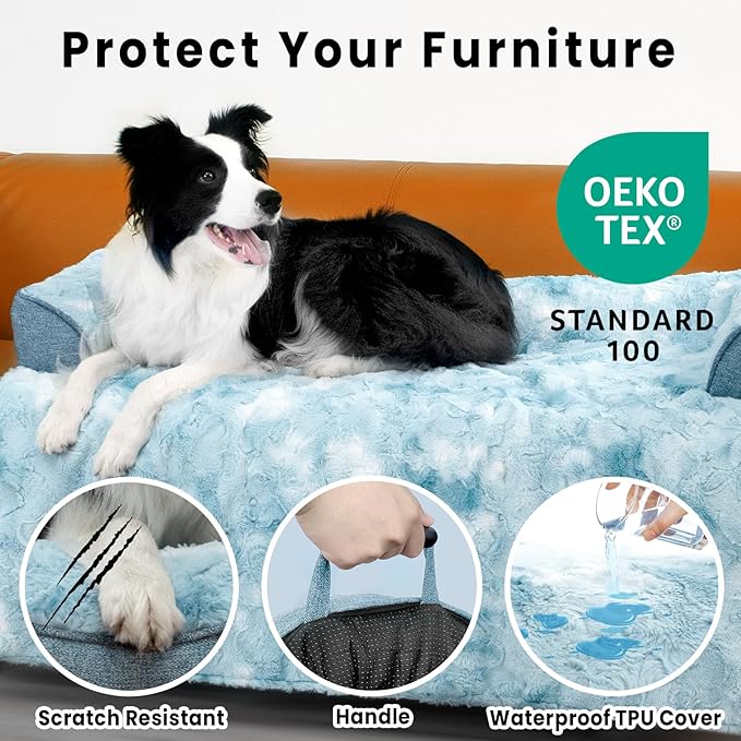 Calming Extra Large Dog Couch Bed for Dogs, 45 x 37 inch Waterproof Removable Pet Mat Couch Cover for Furniture Protector, Non-Slip Fluffy Pelsbarn Dog Bed for Couch, Sofa, Car - Tie-Dye Blue