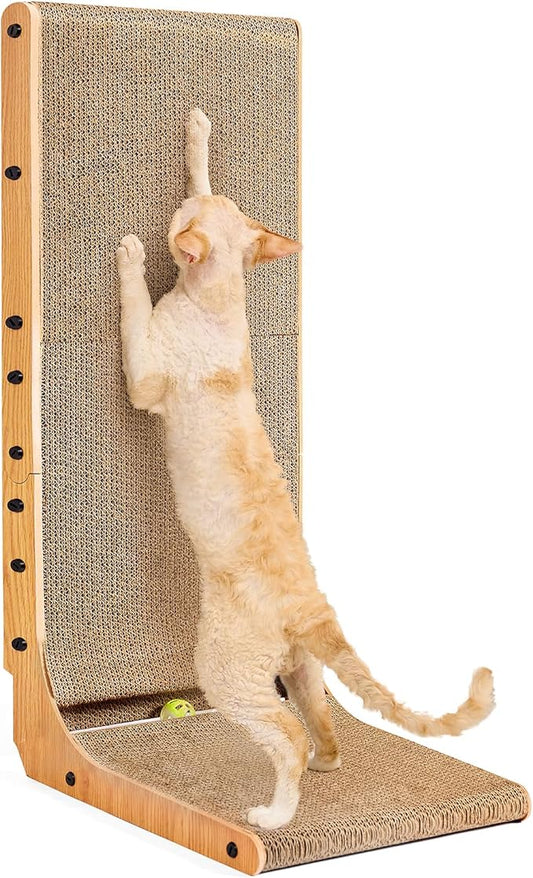 EHEYCIGA Cardboard Cat Scratcher for Indoor Cats, 32 Inch L Shaped Vertical Cat Scratching Board with Ball Cat Toy, Extra Large Cat Scratcher Pad, Brown
