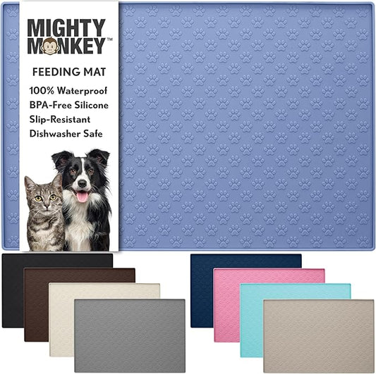 MIGHTY MONKEY 100% Waterproof Dog Food Mat, Raised Edges Silicone Pet Feeding Placemat for Cat, Dogs, Pet Bowls, High Lipped Tray Prevents Water Spills, Food on Floor, Dishwasher Safe, 18x12, Lt Blue