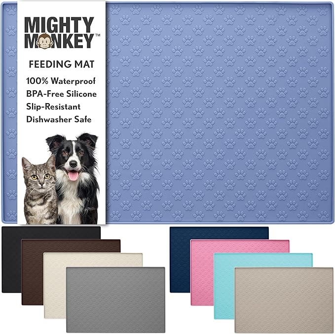 MIGHTY MONKEY 100% Waterproof Dog Food Mat, Raised Edges Silicone Pet Feeding Placemat for Cat, Dogs, Pet Bowls, High Lipped Tray Prevents Water Spills, Food on Floor, Dishwasher Safe, 24x16, Lt Blue