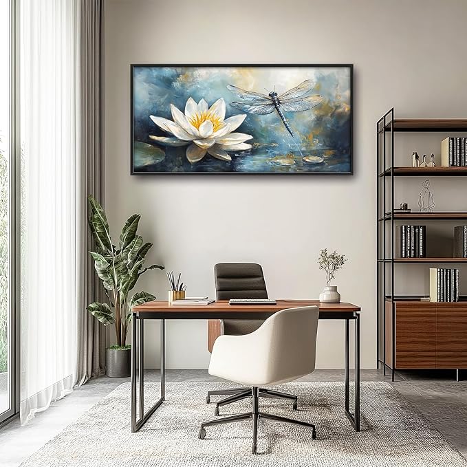 Extra Large Lotus Dragonfly Framed Wall Art for Living Room,Abstract Blue Lotus Flower Lake Pictures Wall Decor,Nature Canvas Print Painting Modern Artwork Bedroom Office Bathroom 60L" x 30W"