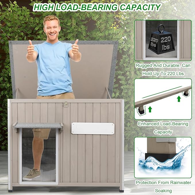 Dog House Outdoor Weatherproof & Wooden Dog Kennel with Chew-Proof Iron Frame，Removable Floor, Adjustable Vent Window, Easy Assembly for Large and Medium Dogs 43.3" D x 29.5" W x 33.5" H