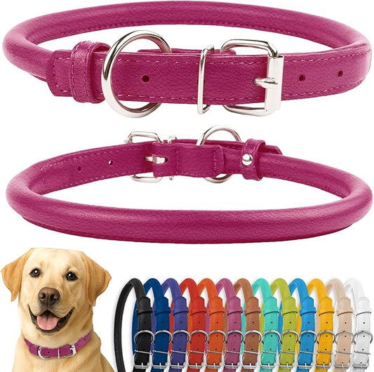 CollarDirect Rolled Leather Dog Collar, Soft Padded Round Puppy Collar, Handmade Genuine Leather Collar Dog Small Large Cat Collars 13 Colors (15-19 Inch, Pink Textured)