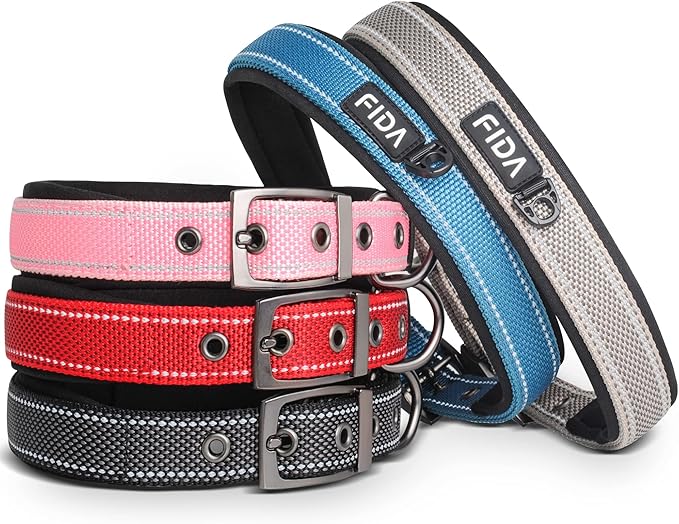 Fida Heavy Duty Dog Collar, Ultra Comfortable Soft Neoprene Padded, Adjustable Reflective Nylon Pet Collar with Durable Metal Belt Buckle for Small Breeds (S, Blue)