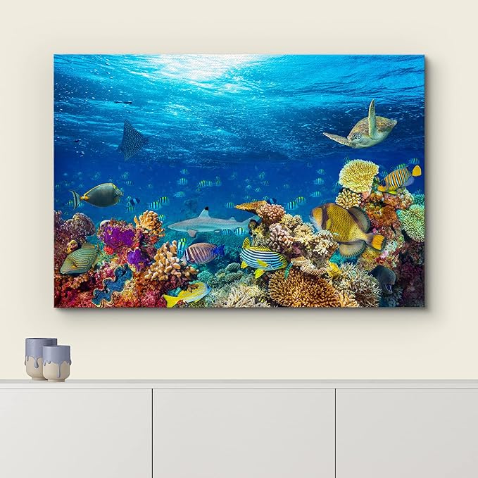wall26 Canvas Print Wall Art Vibrant Sunshine Ray Coral Reef Turtle Fish Nature Animals Photography Realism Rustic Scenic Landscape Wilderness Colorful for Living Room, Bedroom, Office - 12"x18"