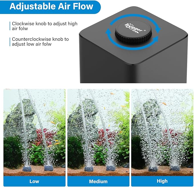 hygger Aquarium Air Pump, Quiet Adjustable Fish Tank Air Pump, 4W/7W/11W Powerful Oxygen Aerator Dual Stainless Steel Outlets with Air Stone Bubbler for Small Medium Large Fish Tank, Hydroponic