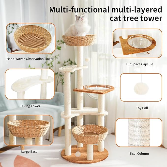 Modern Cat Tree Tower,Hand-Woven Ma Teng cat nest, Sisal-Covered Scratching Posts for Indoor Cats, Multi-Level Cat Condo with Space Capsule Nest, Tall Cat Tree for Multiple Large Cats