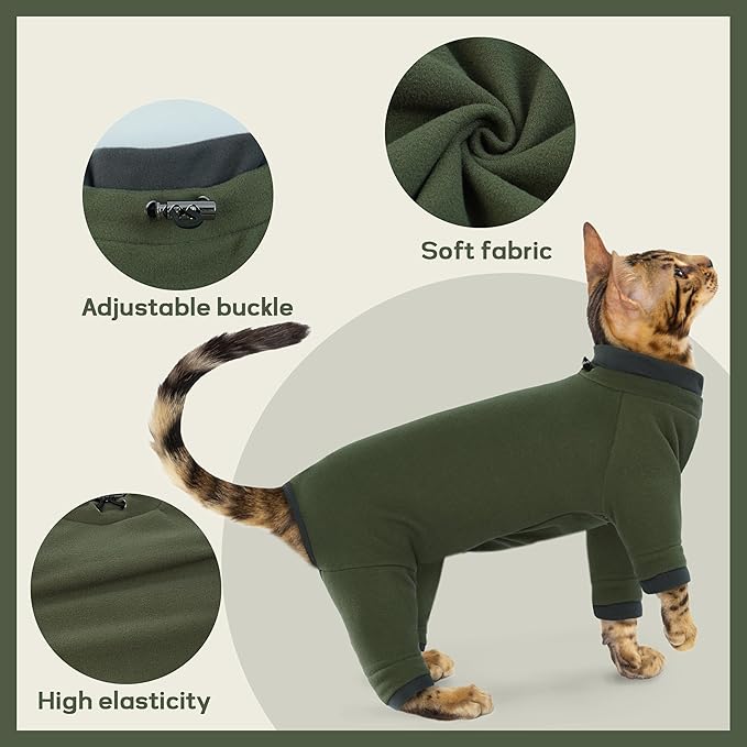 PUMYPOREITY Sticky Hair Cat Clothes, Prevent Hair Loss Cat Pajamas, Soft Cat Sweaters for Cats Only, Cat Hair Sticky Onesie, Cat Recovery Suit After Surgery, Green, XL