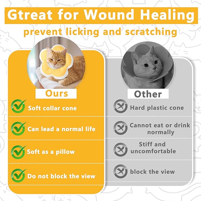 Cat Cone Collar Soft, Waterproof Cats Cones to Stop Licking After Surgery, Adjustable Soft Elizabeth Cats Collars for Wound Healing, Flower Shape Cat Recovery Collar (Yellow, Large)