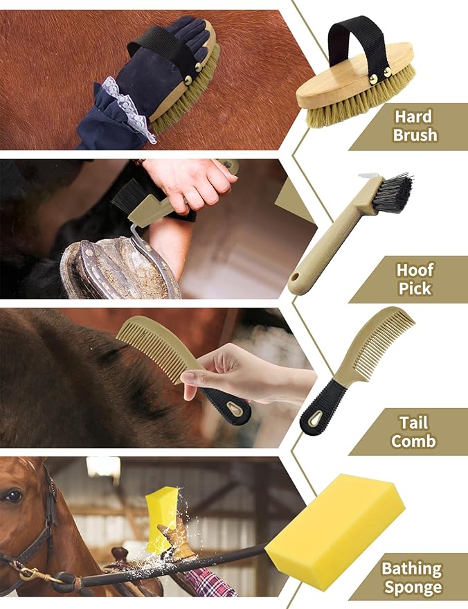9 Pieces Horse Grooming Kit, Tack Room Supplies Set with Tote Bag, Horse Brush Set for Effective Cleaning and Bathing, Professional Equine Coat Care Kit for Horse Riders Beginner