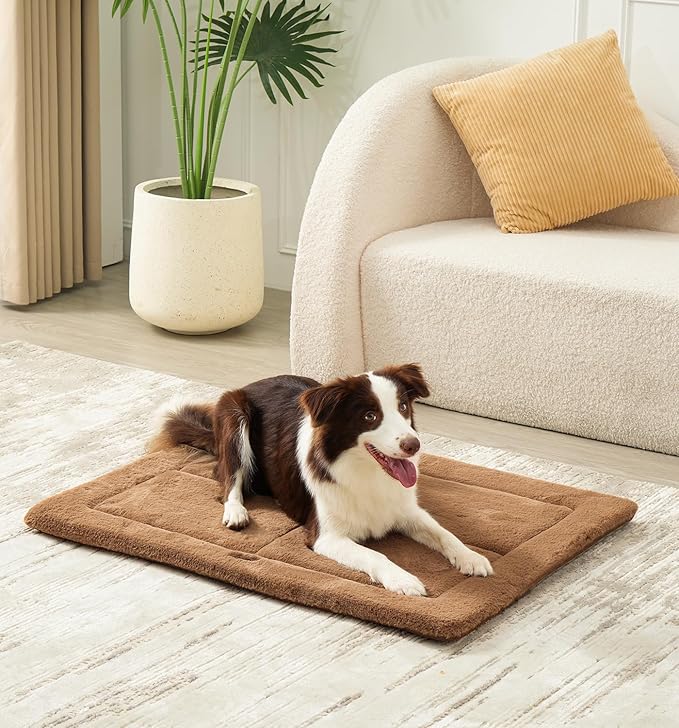 Made4Pets Dog Crate Pad Bed for Medium Large Dogs, Washable & Reversible, Anti-Slip Kennel Mat for Cozy Sleeping, Soft Fluffy Dog Bed for Indoor & Outdoor Use, 35"x23", Brown