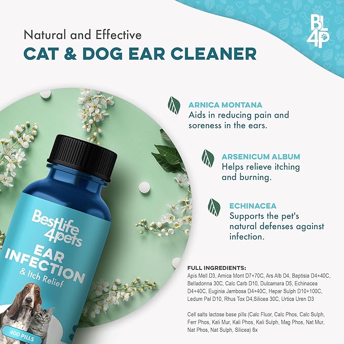 Itch Relief and Ear Infection Treatment for Dogs & Cats, Natural Ear Mites Treatment for Cats and Dogs Soothes Itchy Ears, Reduces Swelling, Otitis, Pain & Inflammation, 400 Easy to Give Tiny Pills
