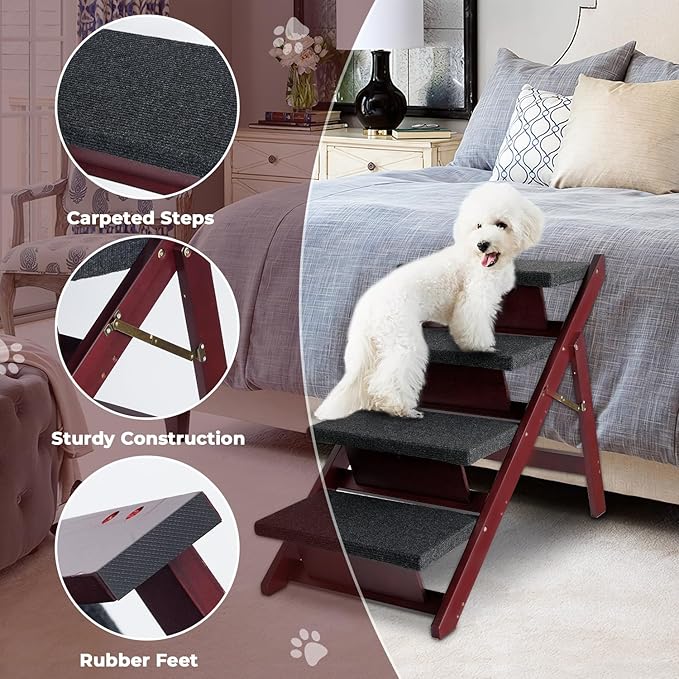 BRIKY Wooden Dog Stairs/Steps - Foldable 4 Steps Dog Steps for High Bed Couch Cars, Non-Slip Pet Stairs for Small Large Medium Dogs and Cats, No Assembly Required