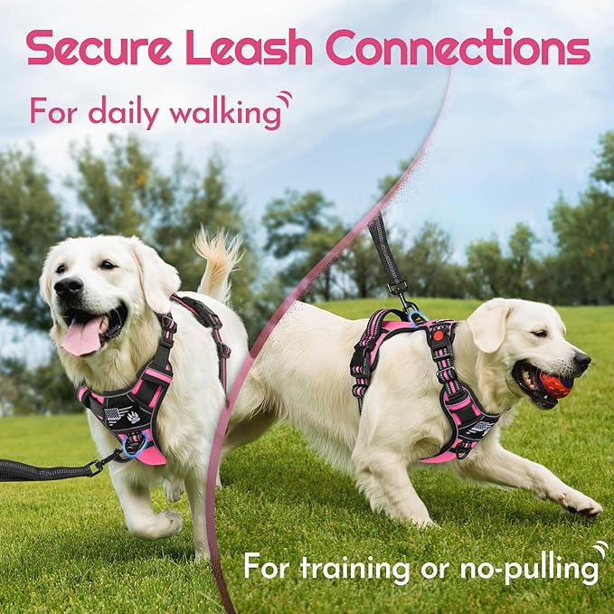 Eagloo Dog Harness for Large Dogs, Easy Wearing with 3 Buckles, Adjustable No Pull Pet Harness with 2 Rings for Walking, No Chock Reflective Soft Padded Vest with Control Handle, Pink & Black, XL
