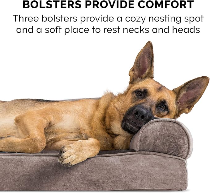 Furhaven Orthopedic Dog Bed for Large Dogs w/ Removable Bolsters & Washable Cover, For Dogs Up to 125 lbs - Faux Fur & Velvet Sofa - Driftwood Brown, Jumbo Plus/XXL