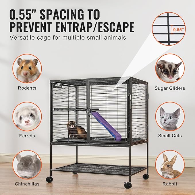 VEVOR 36" Rolling Metal Ferret Cage, Large 2-Tier Critter Nation Cage, Small Animal Cage with Ramps & Tray, Easy to Set up for Pet Mice, Hamster, Guinea Pig, Chinchilla, Squirrel, Hedgehogs, Bunny