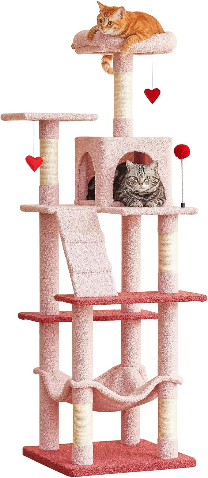 MWPO Cute Cat Tree, 63.8-Inch Pink Cat Tower for Indoor Cats, Multi-Level Cat Condo with 5 Scratching Posts, 2 Perches, Hammock, Dangling Toys