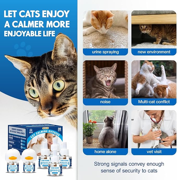 Cat Calming Pheromones Diffuser: 6-in-1 Kit Cat Appeasing Pheromone Diffuser to Calm (2 Plugin+4x48ml Refills) for Comfort Reduces Stress Anxiety, Long-Lasting Appeasing Pheromone for Pet Cat (6in1)