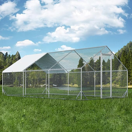 Large Metal Chicken Coop with Run Walk-in Poultry Cage Chicken Runs House Pen Cage Spire Roofed Chicken Coops with Anti-Ultraviolet Cover for Outdoor Yard Farm Use 9.8’L x 19.7’W x 6.4’H