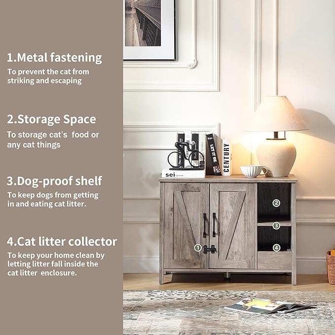 31.9'' Small Cat Litter Enclosure,Adjustable Shelf for Dog Proof and Storage,Locks Added for cat,Cat Litter Collector,Small Indoor Cat House,Grey