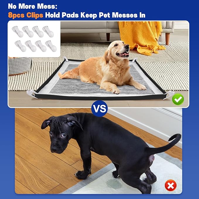 Dog Pee Pad Holder, Puppy Pad Holder Tray for 24'' x 24'' Training Pads, 15pcs Dog Potty Tray Set Include High Edge Silicone Mat & 6 Activated Charcoal Disposable Puppy Pads & 8 Holder Clamps