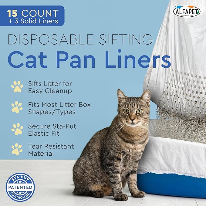Alfapet Sifting Cat Litter Box Liners - Jumbo 30 Count, Tear-Resistant Cat Litter Bags, Waterproof Kitty Litter Liners, Fits Litterbox Pan Sizes X-Large, X-Giant, 37" x 18" 30 lb Capacity