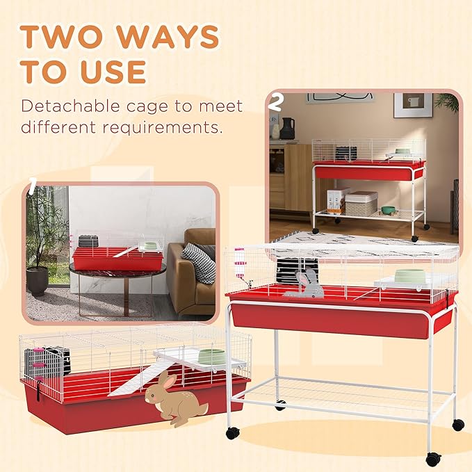 PawHut Two-Story Small Animal Cage Removable from Stand, Guinea Pig Cage with Shelf & Wheels, Pet Habitat for Hedgehog, Chinchilla, Ferret, 39" x 20.5" x 36.5", Red