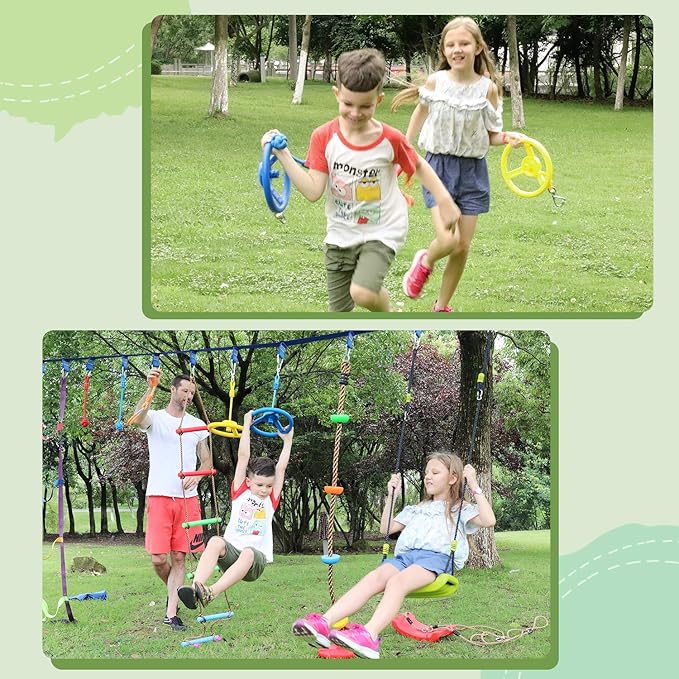 Rainbow Craft 3-Pack Ninja Monkey Wheels，Obstacle Course & Swing Set Attachments for Kids ，Outdoor Backyard Playground Accessory，Red, Blue & Yellow