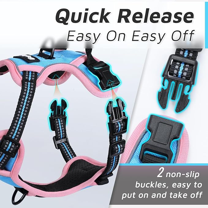 Eagloo Dog Harness for Large Dogs, No Pull Service Vest with Reflective Strips and Control Handle, Adjustable and Comfortable for Walking, No Choke Harness with 2 Metal Rings, Pink & Blue, M