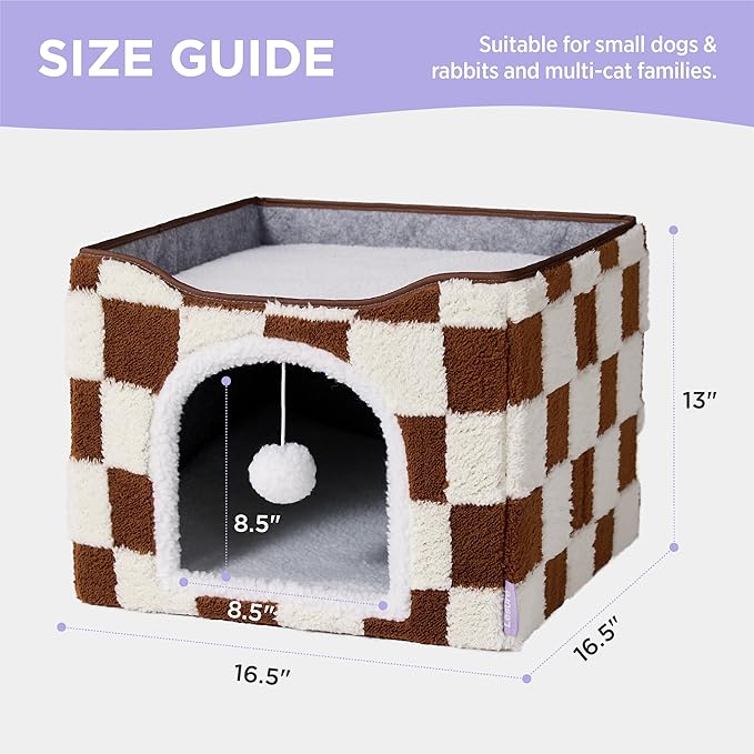 Lesure Indoor Cat Beds Kitten House - Large Cat Cave for Pet Cube with Fluffy Ball Hanging, Foldable Small Animal Hideaway, 16.5x16.5x13 inches, Brown Checks
