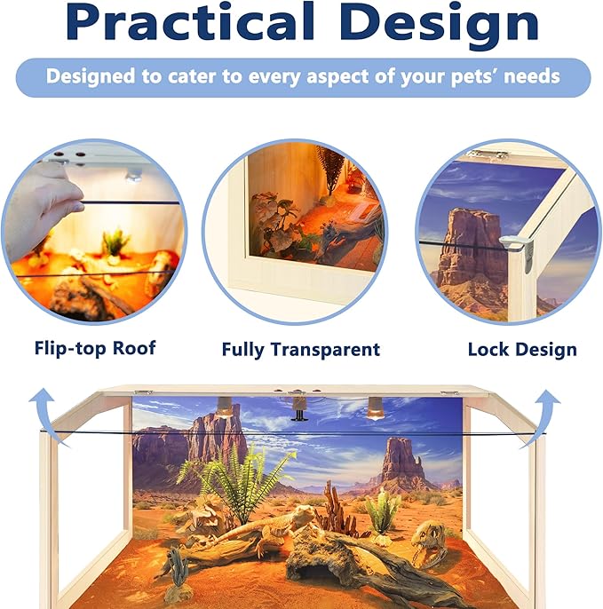 65 Gallon Reptile Terrarium Tank Large 40" x 16" x 16", Bearded Dragon Tank with Roof Door, Snake Tank with Built-in Lamp Fixture and Switch, Side Windows, 40 Inch