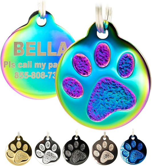 Engraved Pet Tag for Dogs and Cats - Personalized Front & Back up to 4 Lines of Text Custom Engraved ID, Round Paw Print Solid Plating Stainless Steel Nebula Regular