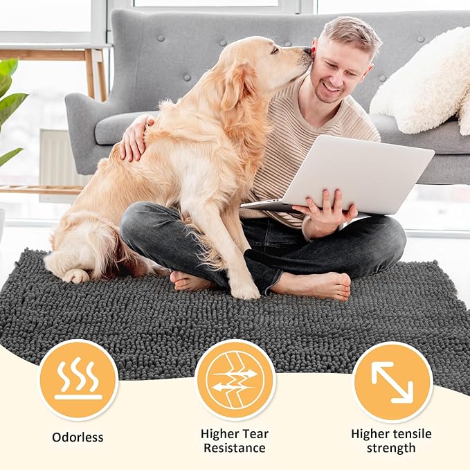 Absorbent Dog Door Mat for Muddy Paws, 60" x 24" Chenille Indoor Mats for Entryway, Trap Dirt Front Door Mat Indoor Entrance Washable Non Slip Soft