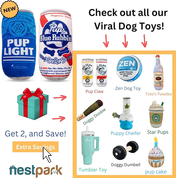 Pup Light and Pups Blue Rubbin - Parody Beer Dog Toys - Funny Plush Squeaky and Crinkle Dog Toys Dog Gifts for Dog Birthday (2 Pack) (Mix)