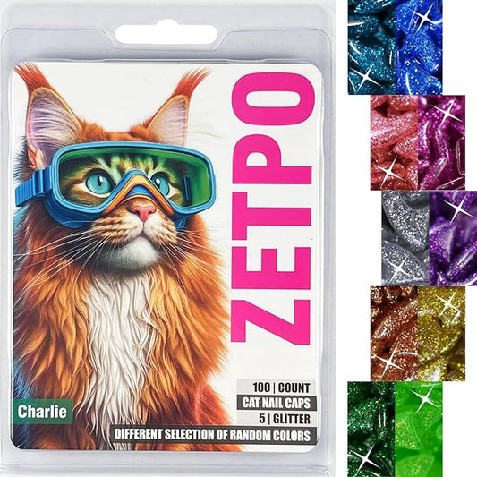 zetpo Cat Nail Caps | Cat Claw Covers | with Adhesives and Applicators (XS, 5X Glitter Random Colors | 100 pcs)