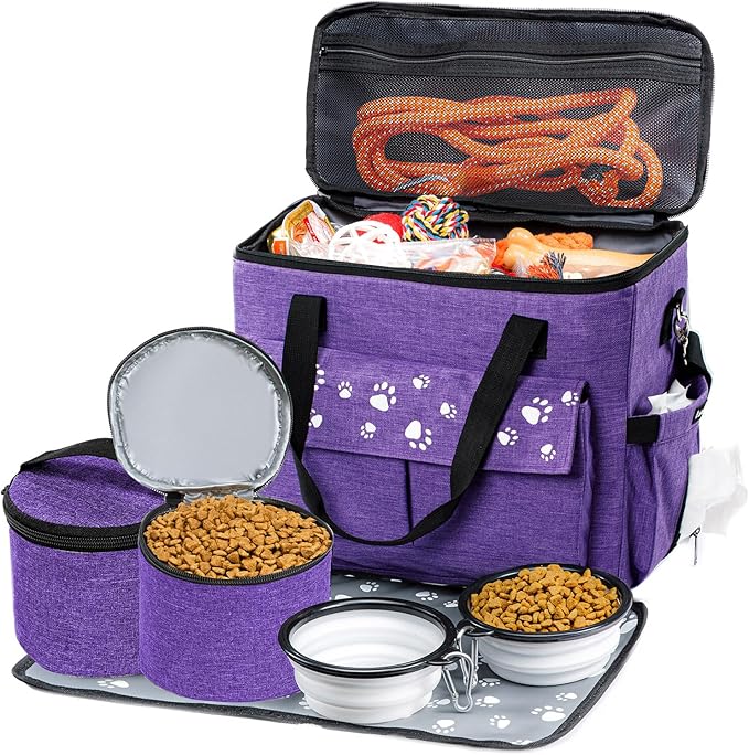Dog Travel Bag, Airline Approved Dogs Bags for Traveling, 2 Dog 's Food Travel Container and Collapsible Bowls, Weekend Pet Travel Bags (X-Large)