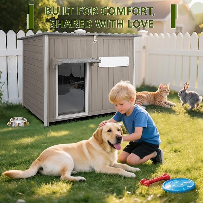 Large Dog House Outdoor XL Wooden Dog House with Weatherproof Asphalt Roof, Chew-Resistant Frame, Removable Floor, for Medium to Large Dogs Indoor Outdoor Use (Grey, 43.3"L x 29.5"W x 33.5"H)