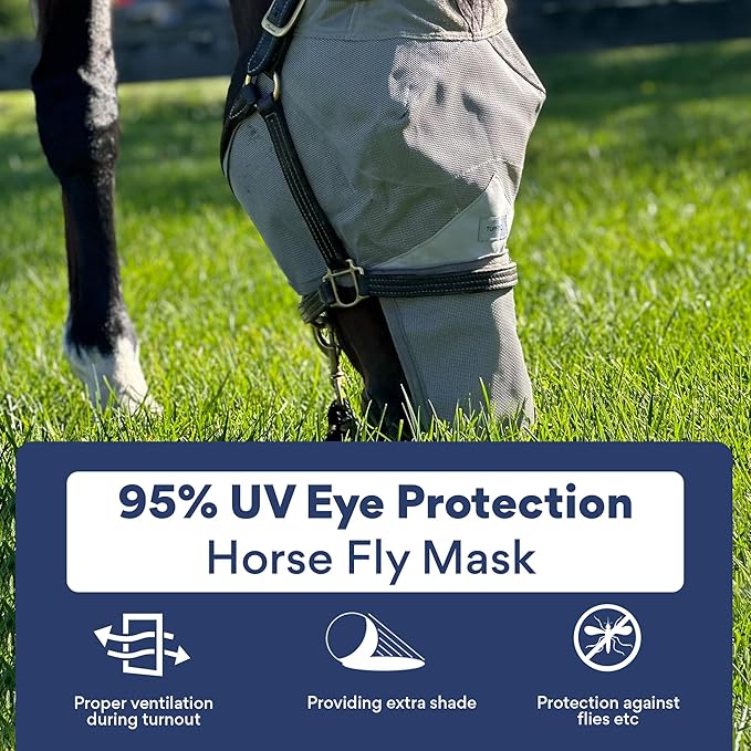 Horse Fly Mask with Nose Cover and Ears | 95% UV Eye Protection | Built-in Visor | Breathable, Lightweight Mask | Adjustable Fit for Comfort Horse Medium/Large Size
