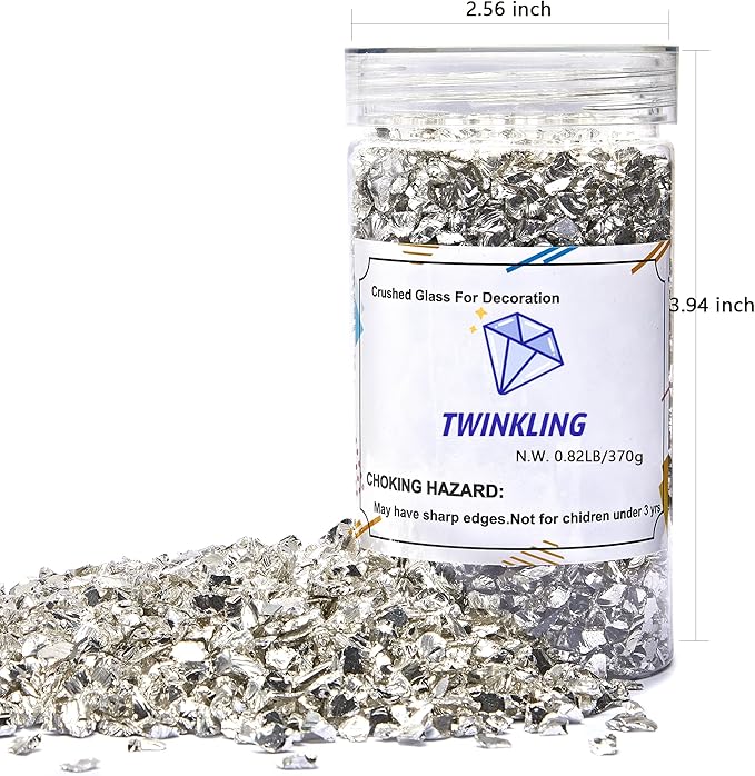 TWINKLING High Luster Crushed Glass Glitter, Broken Glass, Fire Glass Gems Chips for Fire Pit, DIY Resin Art, Epoxy Crafts, Geode Painting, Aquarium Decoration, 6-9mm(370g/13oz.) (Silver)