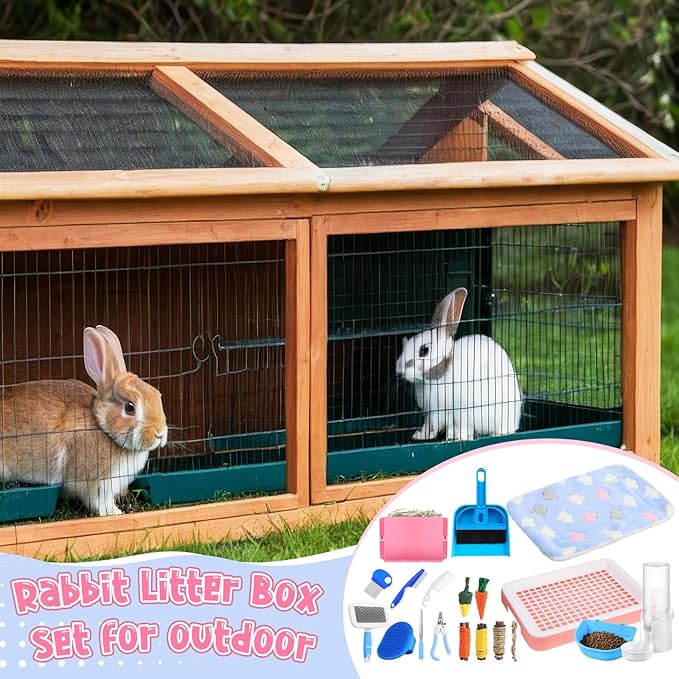 19 Pcs Rabbit Starter Kit Small Bunny Litter Box Rabbit Grooming Kit Water Bottle Bunny Toys Hay Feeder Bowl Blankets with Cleaning Set for Guinea Pig Accessories (Pink-White,Strawberry Bear)